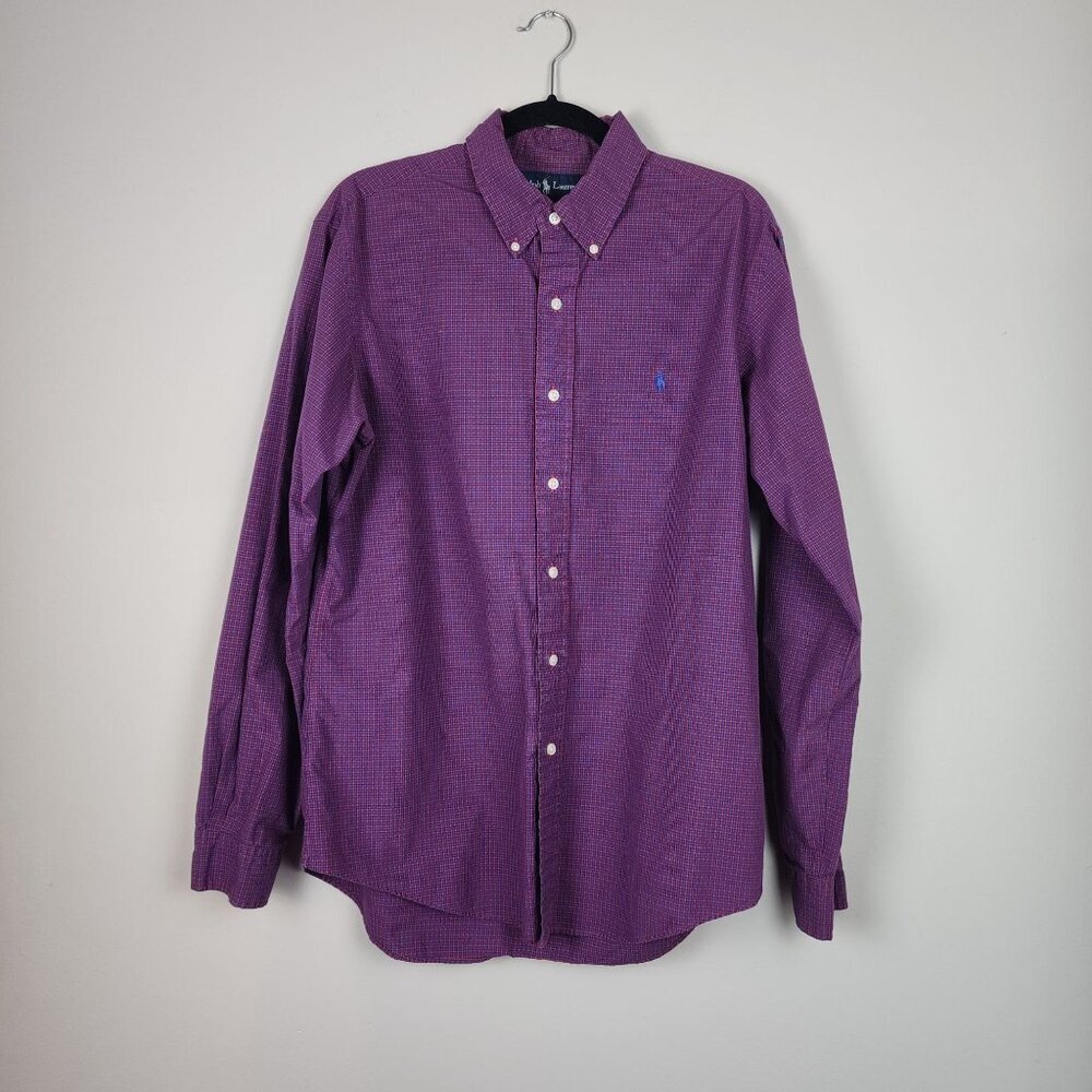 Ralph Lauren men button down long sleeve purple blue check dress shirt sz L